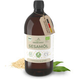 Sesamöl in Bio-Qualität, erste Kaltpressung, 1 Liter Flasche mit Spritzeinsatz